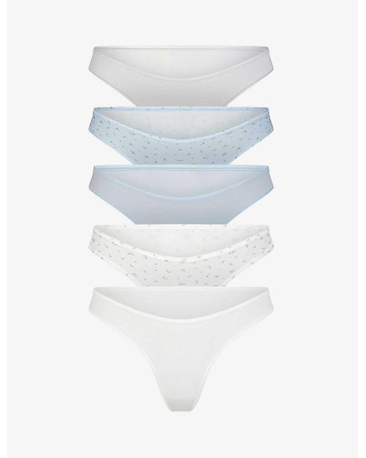 Skims White Low-rise Pack Of Five Stretch-woven Thongs