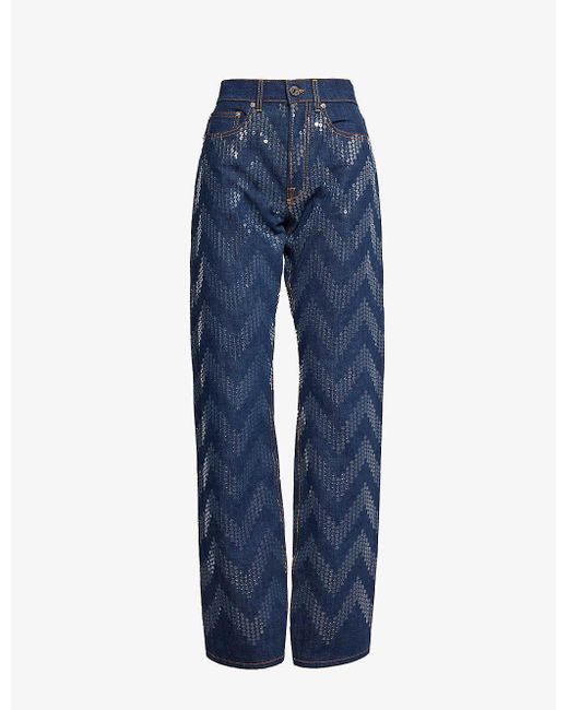 Missoni Blue Chevron-pattern Sequin-embellished Straight-leg Jeans