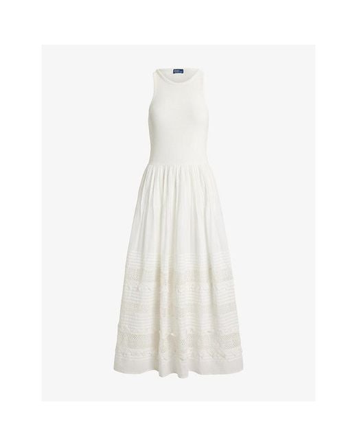 Polo Ralph Lauren White Sleeveless Lace-Trim Stretch-Cotton Tank Dress