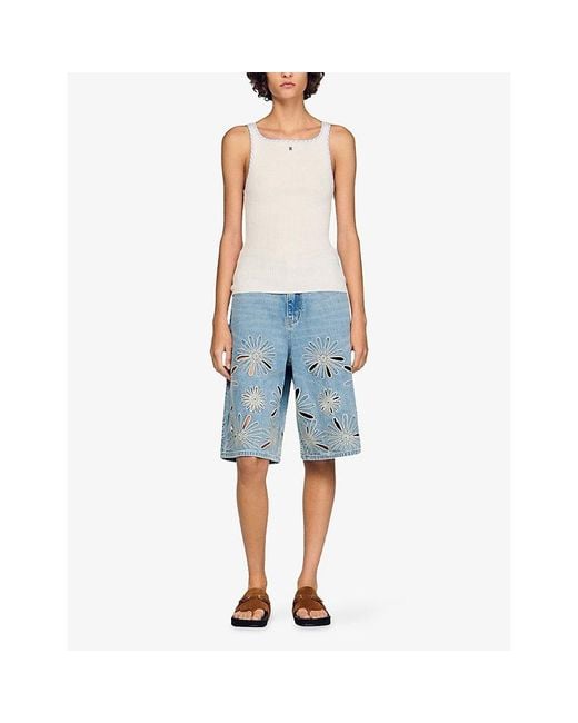 Sandro White Square-Neck Ribbed Knitted Vest Top