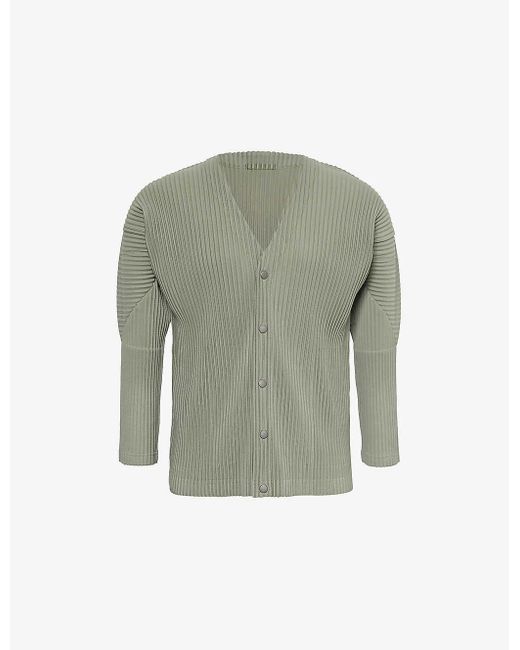 Homme Plissé Issey Miyake Green V-neck Pleated Knitted Shirt for men