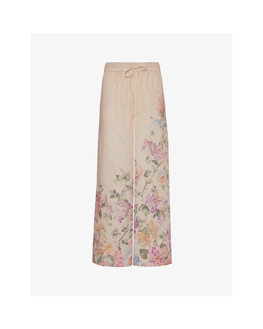 Zimmermann Natural Halliday Floral-print Linen Trousers