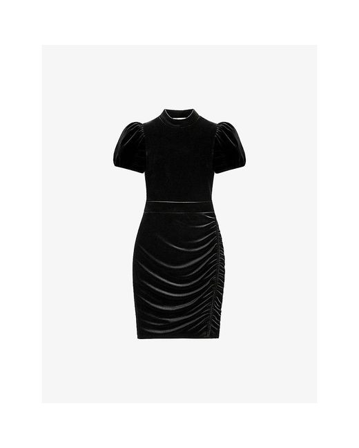 Ro&zo Black Madison Puff-Sleeved Stretch-Velvet Mini Dress