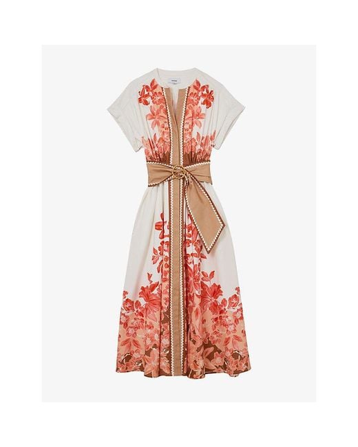Reiss Red Sawyer Floral-Print Belted Stretch-Cotton Midi Dress