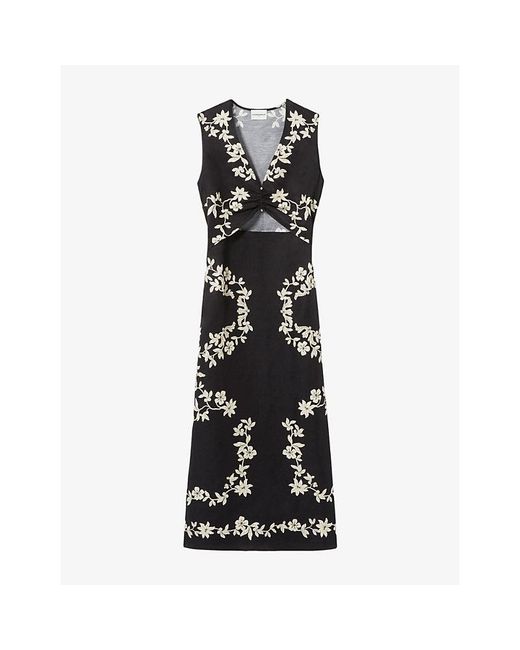 Claudie Pierlot Black Floral-Print Cut-Out Woven Maxi Dress