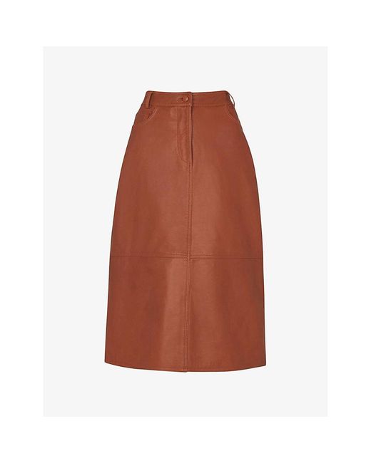 Whistles Brown High-waisted Leather Midi Skirt