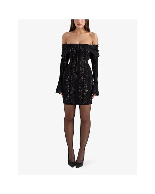 House Of Cb Black Sadie Off-Shoulder Lace Mini Dress