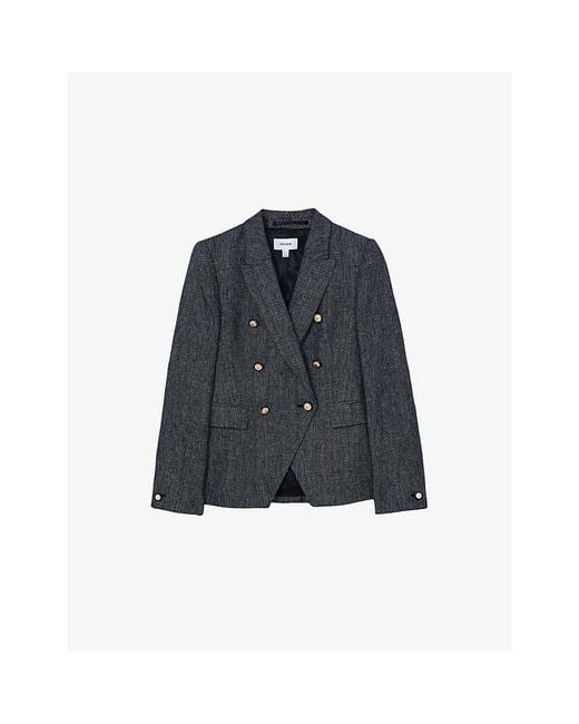 Reiss Blue Baker Peak-Lapel Double-Breasted Linen And Cotton-Blend Blazer