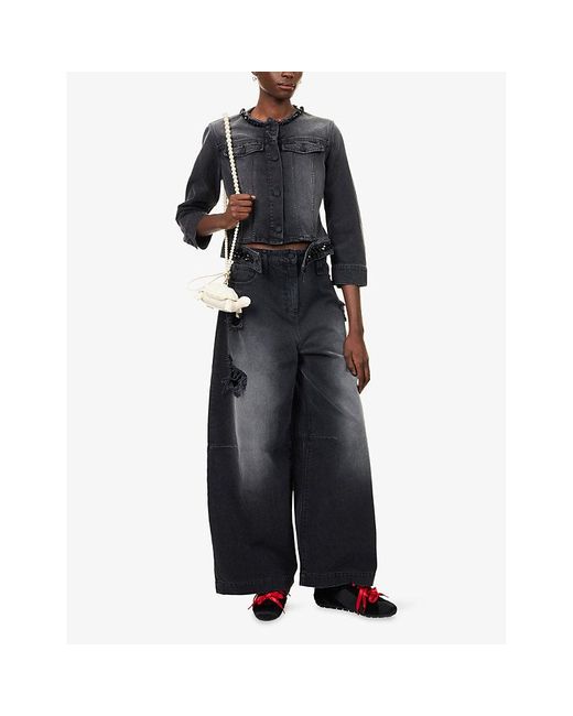 Simone Rocha Black Embellished Distressed Wide-Leg Denim Jeans