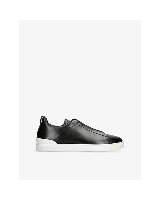 Zegna Black Triple Stitch Leather Low-Top Trainers for men