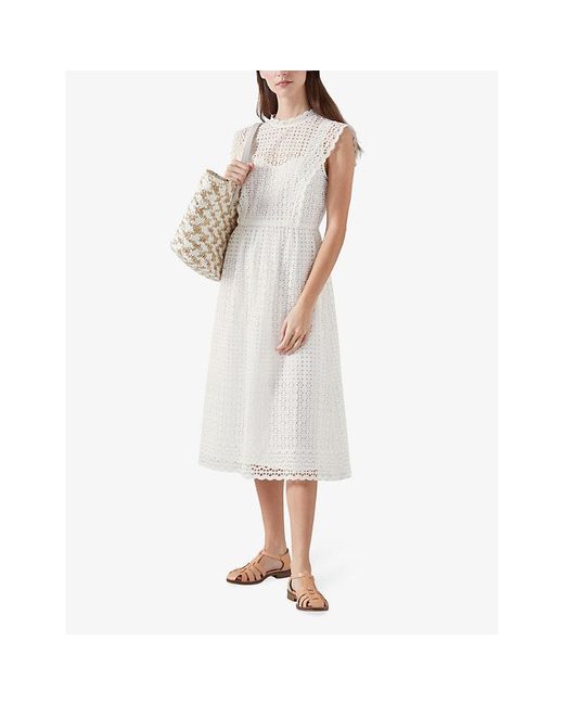 L.K.Bennett White Laila High-neck Broderie-anglaise Cotton Midi Dress