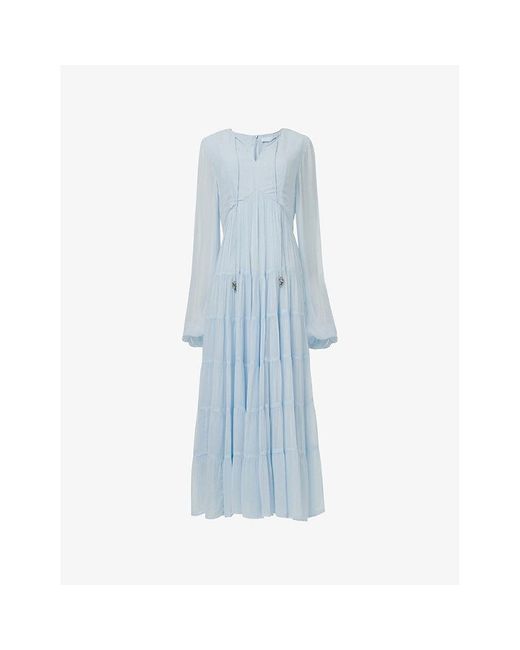eem Blue Marked Waist Tiered Woven Midi Dress