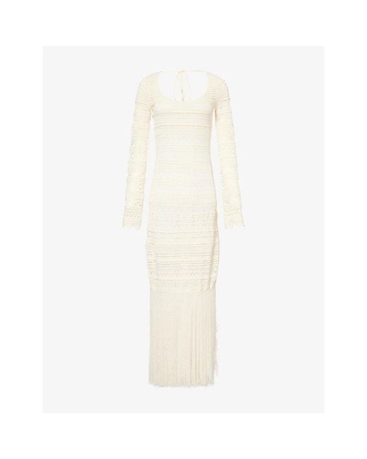 Devon Windsor White Uma Fringe-Hem Knitted Maxi Dress