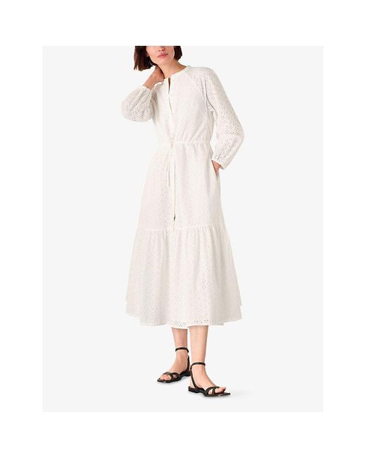 Whistles White Broderie Tie-Waist Cotton Midi Dress