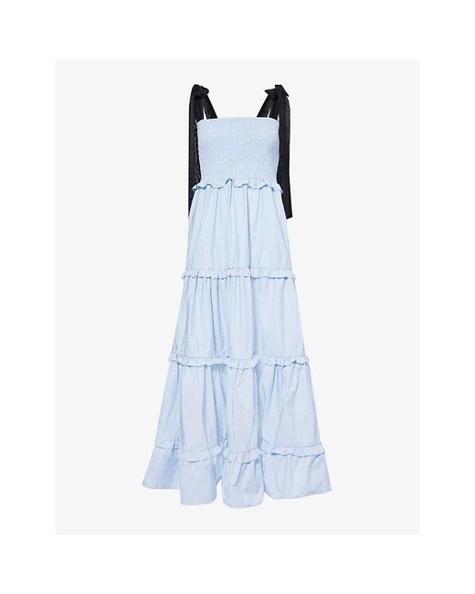 Sister Jane Blue Tiered-hem Cotton-blend Midi Dress