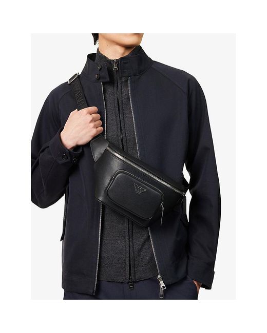 Emporio Armani Black Log-Embellished Saffiano-Leather Belt Bag for men