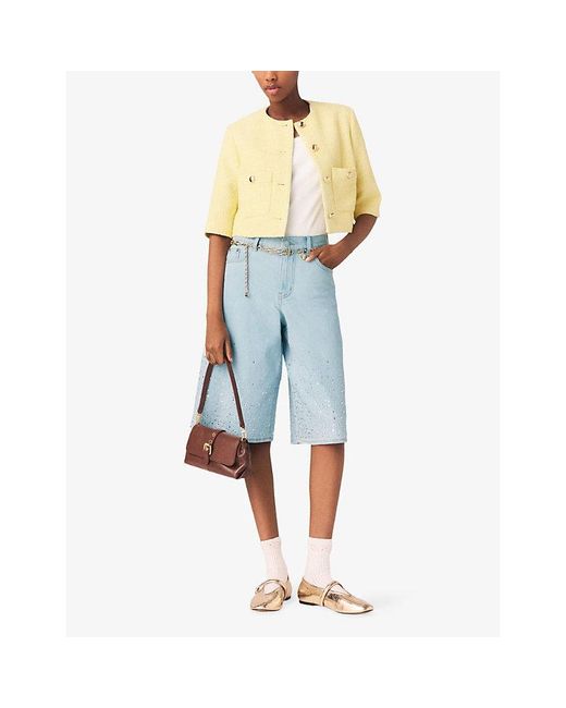 Maje Yellow Round-Neck Short Sleeve Tweed Jacket