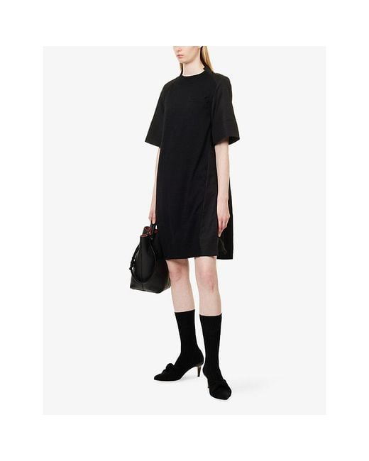 Sacai Black Short-Sleeve Panelled Knitted Cotton-Garbadine Mini Dress