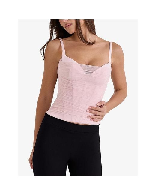 House Of Cb Pink Lini Satin And Mesh Corset Top