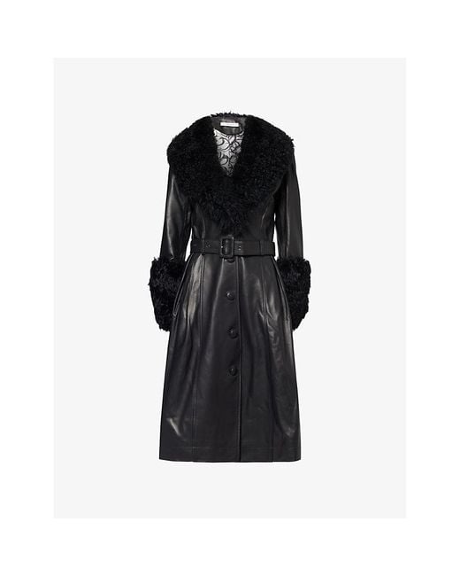 Saks Potts Black Foxy Shearling-Trim Long Leather Coat