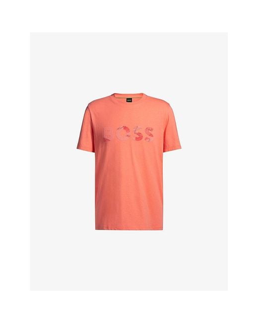 Boss Pink Crewneck Brand-Print Cotton-Jersey T-Shirt for men