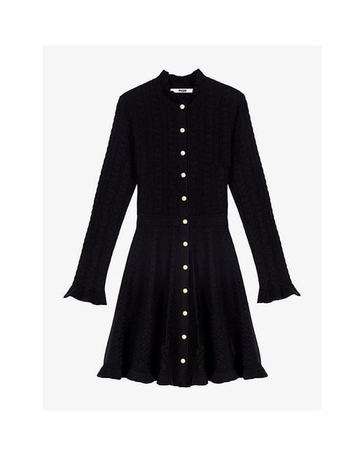 Maje Black Long-Sleeved Knitted Cotton-Blend Mini Dress