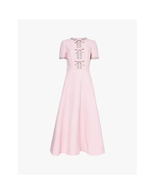 Valentino Garavani Pink Bow-Embellished Crystal-Trim Wool And Silk Midi Dress