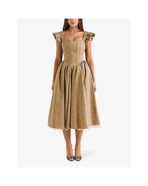 House Of Cb Metallic Alessandra Damask-Pattern Satin-Jacquard Midi Dress