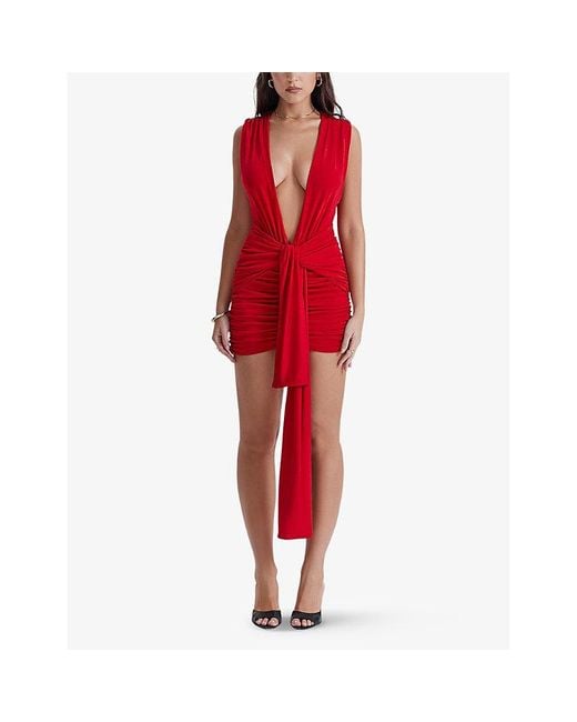 House Of Cb Red Aliza Wrapped-belt Stretch-woven Mini Dress