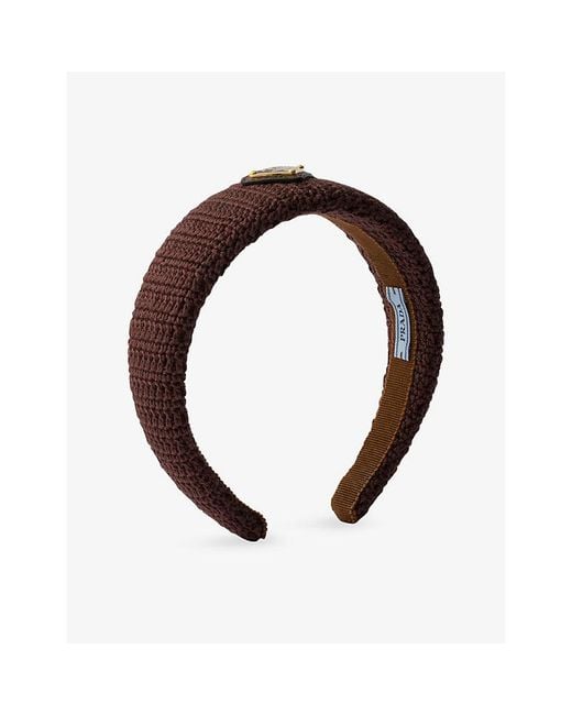 Prada Brown Logo-Plaque Crochet-Knit Cotton Headband