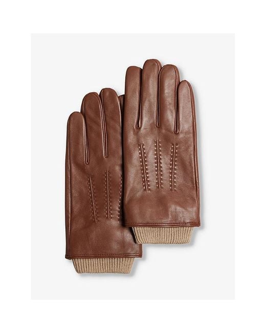 Ted Baker Brown Ballat Logo-debossed Ribbed-cuff Leather Gloves for men