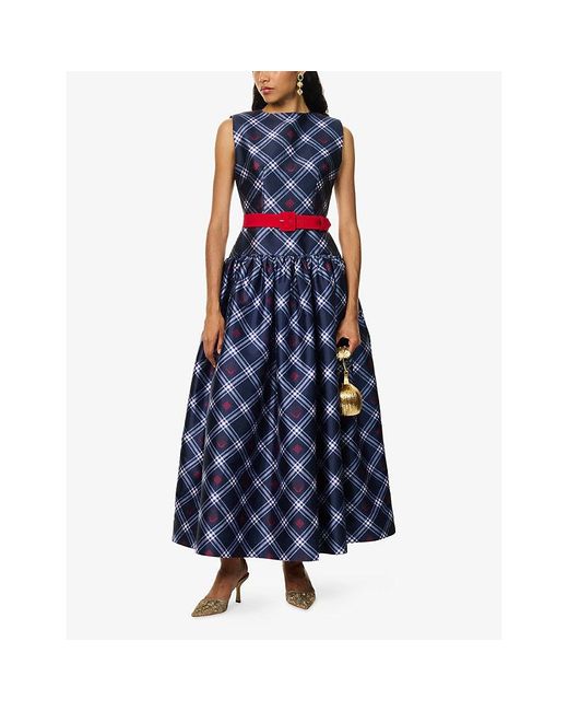Ara Blue Fit-And-Flare Brand-Print Satin Maxi Dress
