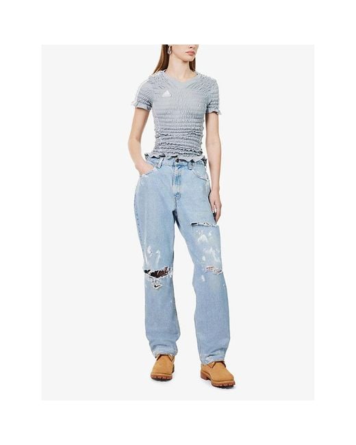 Casey Jean By Jean Vintage Blue Distressed Brand-Patch Barrel-Leg Mid-Rise Denim Jeans