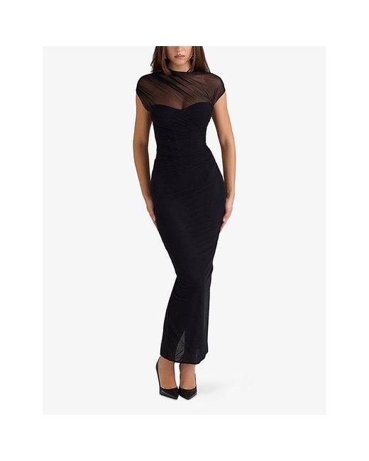 House Of Cb Black Orelia Draped Mesh Maxi Dress