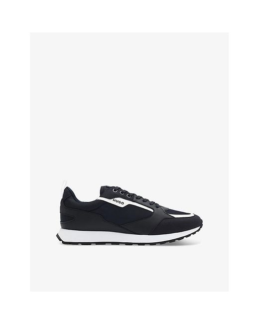 HUGO Blue Logo-Embossed Leather And Mesh Low-Top Trainers for men