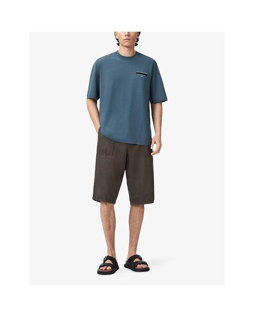 AllSaints Blue Redact Embroidered-Box Cotton T-Shirt for men