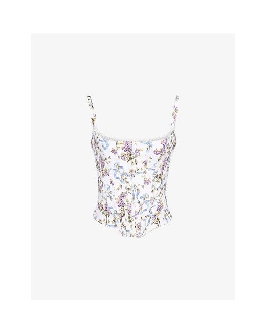 House Of Cb White Cadie Ribbon-Print Cotton Corset Top