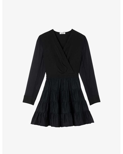 Sandro Ruffled Woven Mini Dress in Black | Lyst