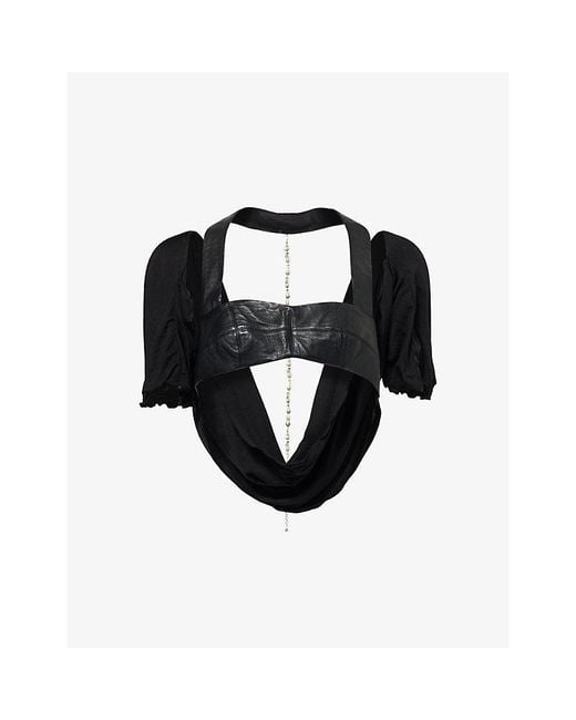 GRACE FAENA Black Zebra Pearl-Embellished Leather And Silk-Jersey Top