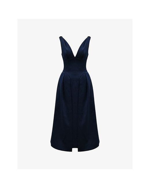 House Of Cb Blue Paloma Pleated Satin Midi Dress