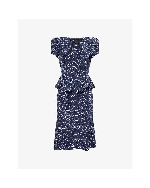 Alessandra Rich Blue Polka-Dot Peplum Silk Midi Dress