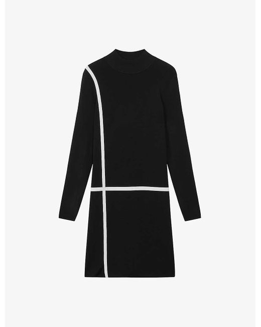 Reiss Black Annie Contrast-stripe Wool-blend Mini Dres