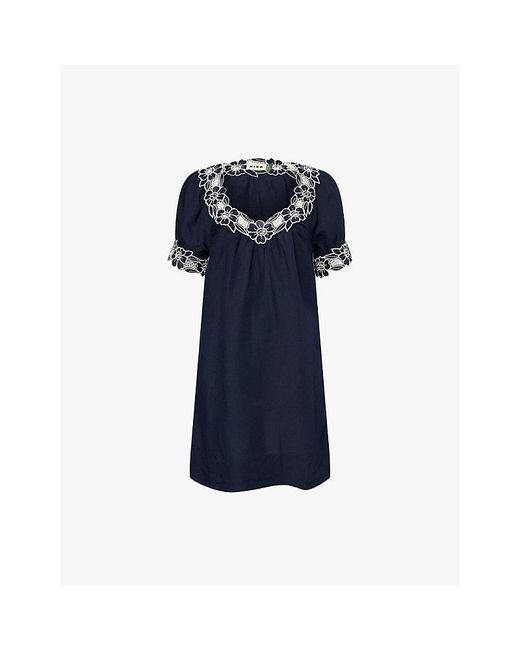 Rixo Blue Cristina Floral-Embroidered Linen-Blend Mini Dress