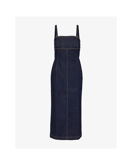 Weekend by Maxmara Blue Square-Neck Contrast-Stitch Stretch-Denim Midi Dress