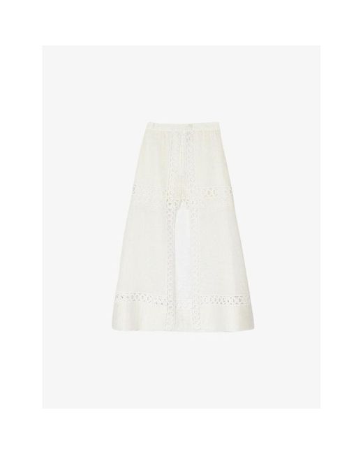 Sandro White Open-embroidered Linen-blend Maxi Skirt