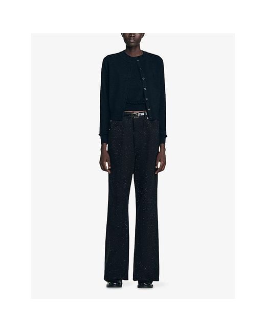Sandro Black Round-Neck Ruffle-Cuff Wool And Cashmere Cardigan