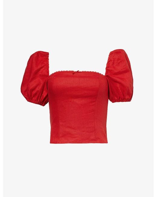Reformation Red Marella Puff-sleeved Linen Top