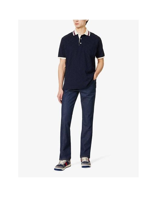 Gucci Blue Monogram-pattern Striped-trim Stretch-cotton Polo Shirt X for men