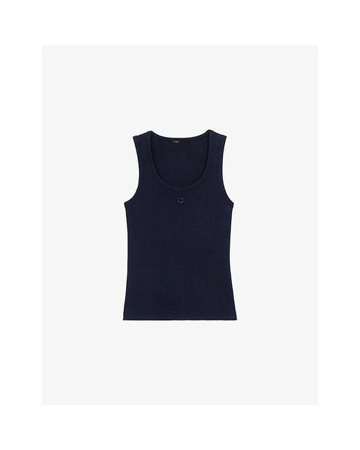 Maje Blue Logo-Embroidered Ribbed Stretch-Cotton Tank Top