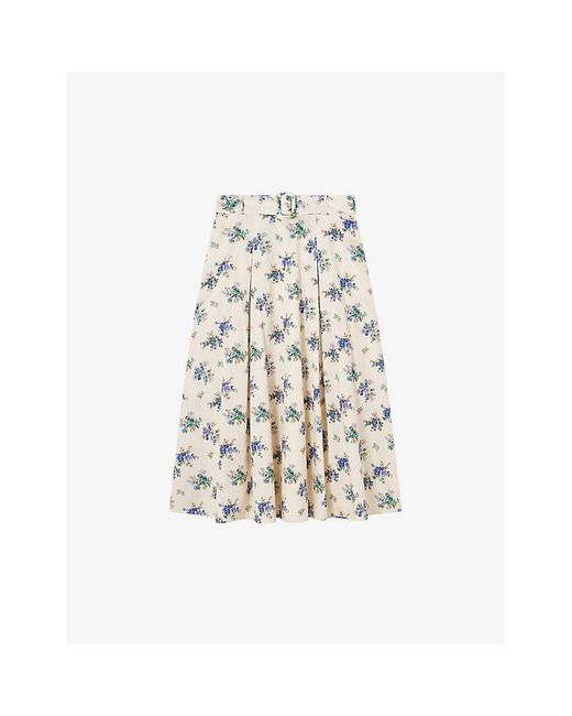 L.K.Bennett White Elodie Floral-print Belted-waist Cotton Midi Skirt